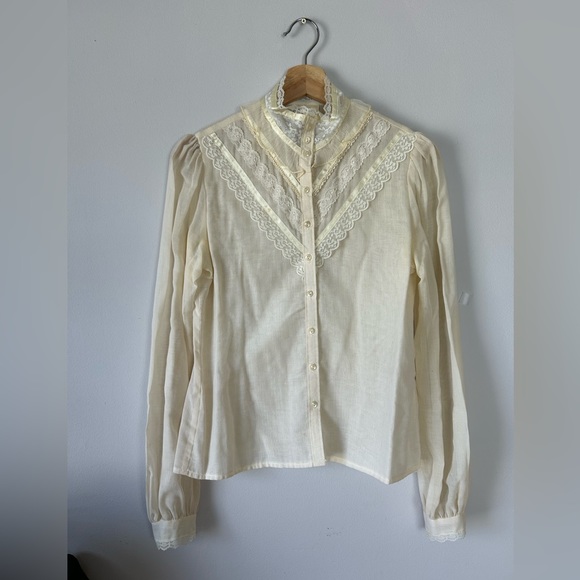 Vintage 70’s Jessica's Gunne Sax Gauzy Cream Lace Edwardian Prairie Blouse - Picture 1 of 12